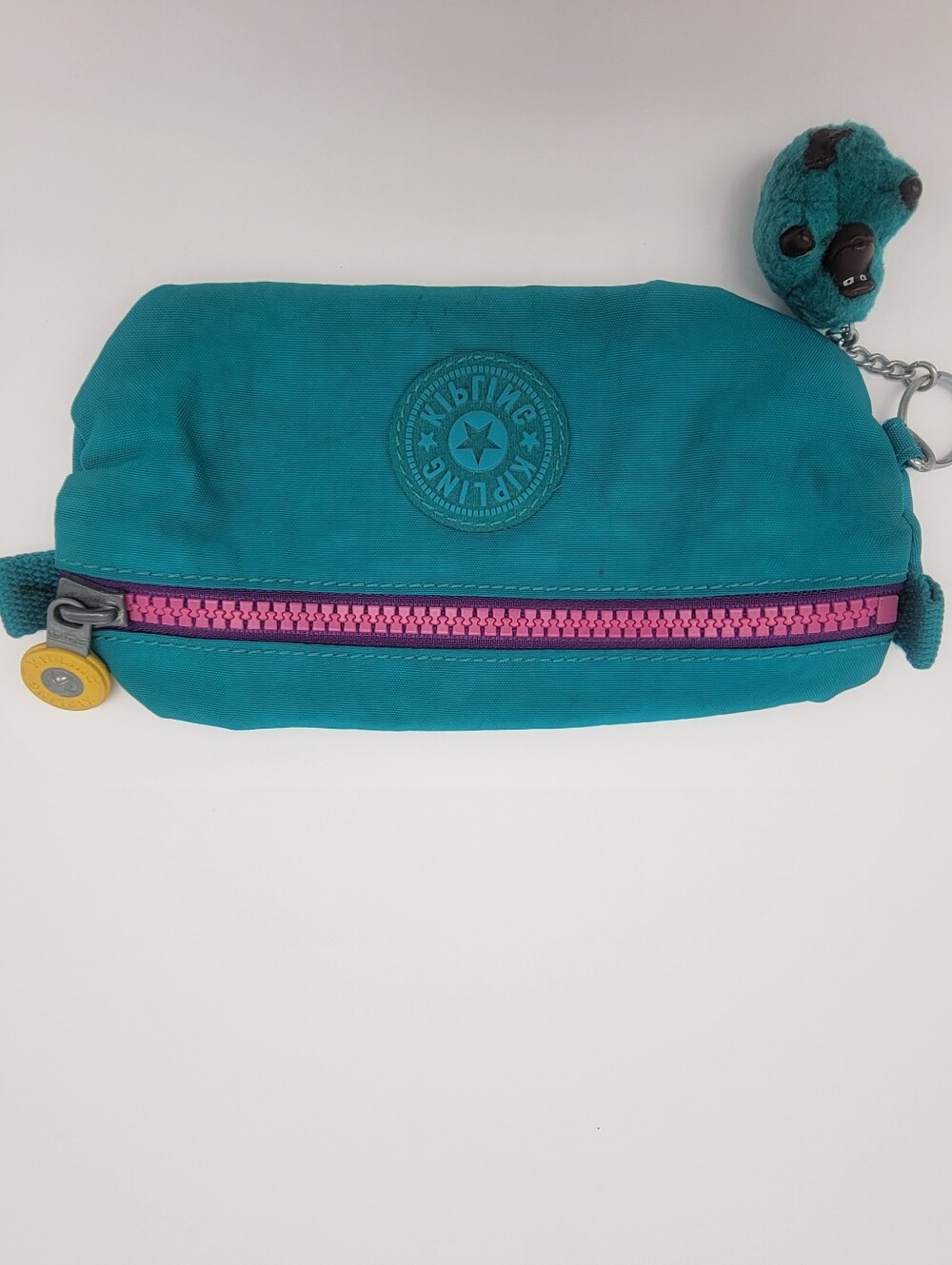 Kipling Teal Pouch with Pink Zipper and Monkey Charm
